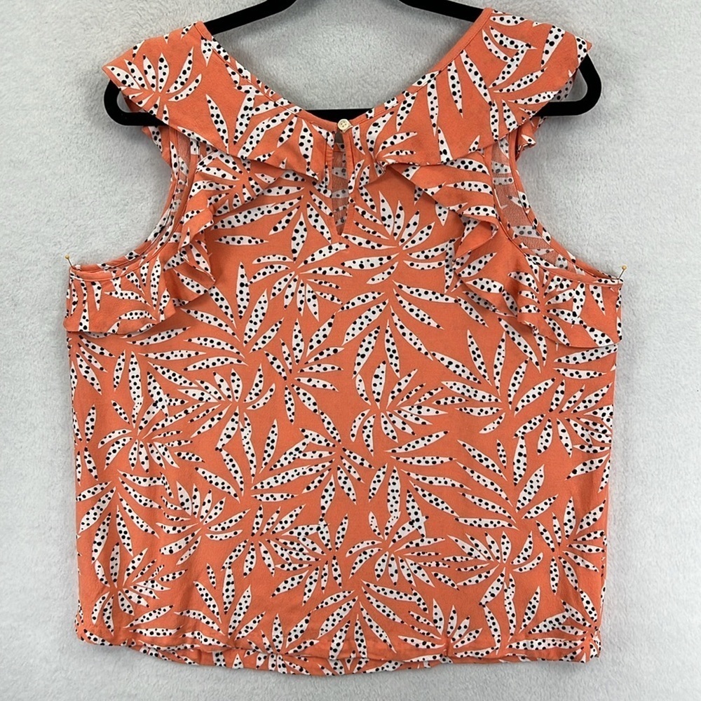 LOFT Women’s Top Blouse Tank Top Sz L Peach/Black/White Rayon Ruffled EUC - Picture 4 of 8